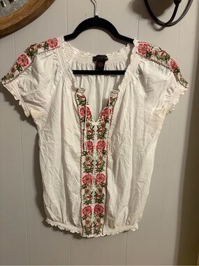 Jennifer & Grace White Peasant Top with Pink and Green Embroidery